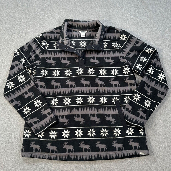 Duluth Trading Co Doubleback Printed Fleece Pullover Women's LG Gray Moose Print - Picture 1 of 7